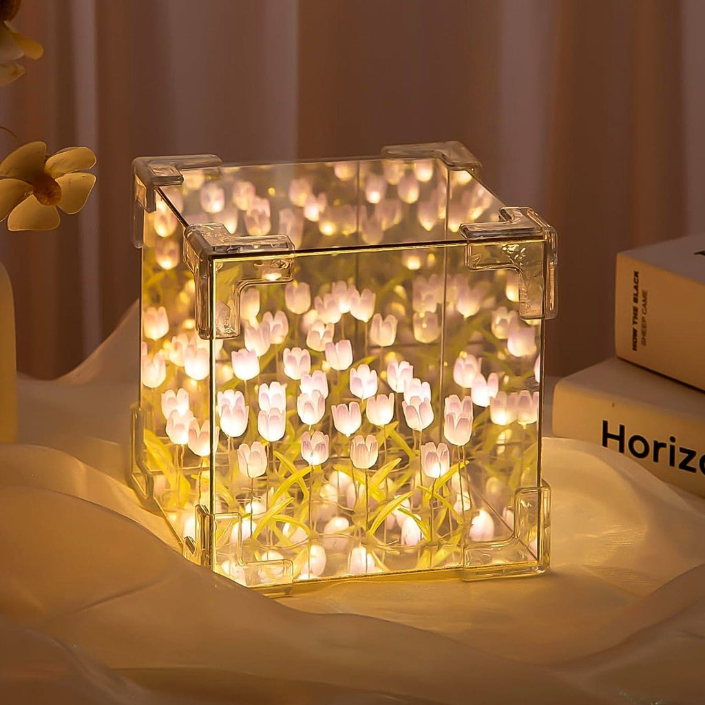 Romantic Cube Tulip LED Night Lamp: 2-in-1 Mirror Decorative Flower Light