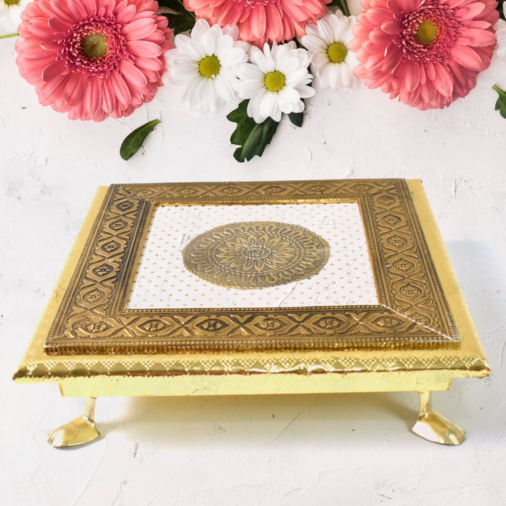 Elegant Golden Square Wooden Pooja Chowki for Temple Puja and Festival Decor
