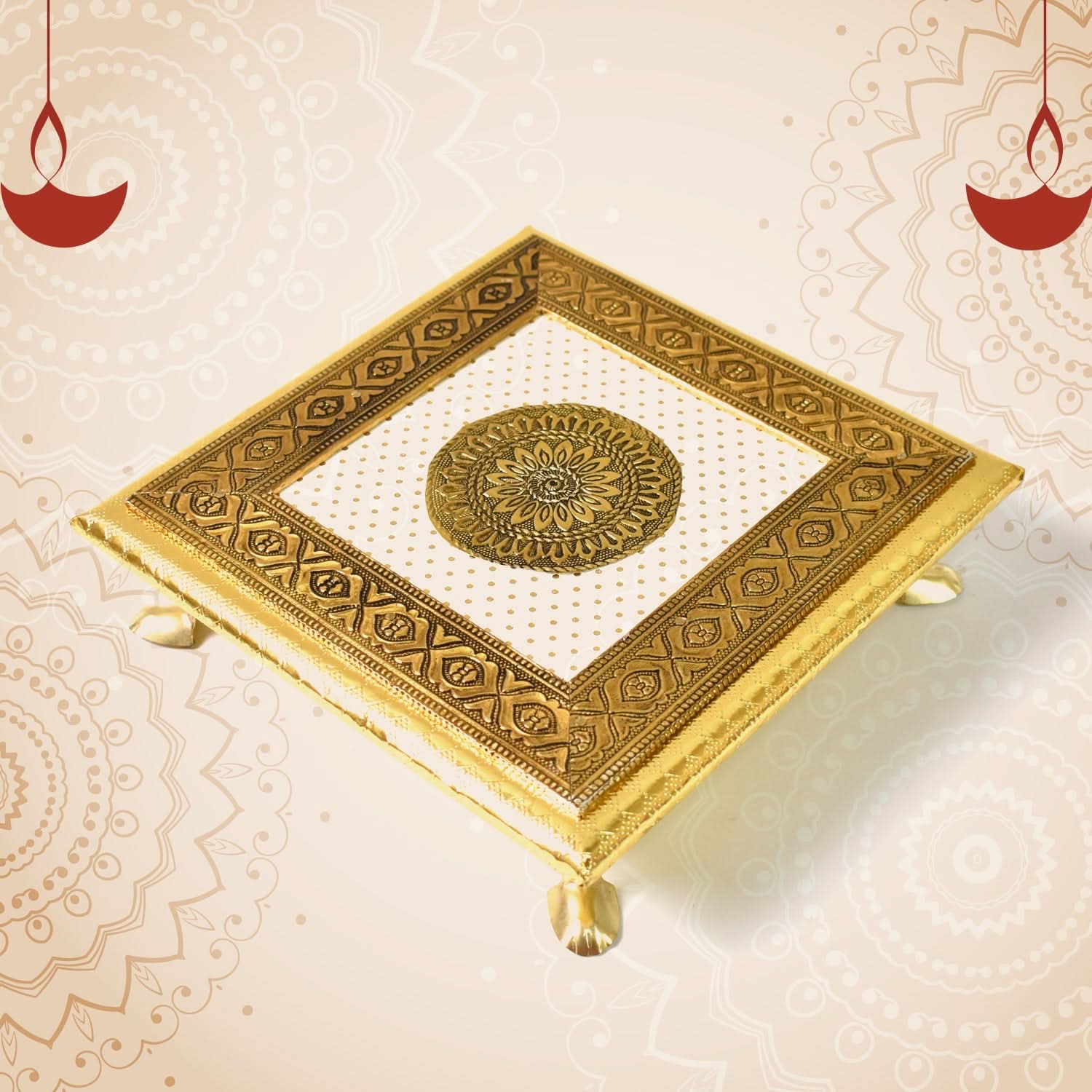 Elegant Golden Square Wooden Pooja Chowki for Temple Puja and Festival Decor