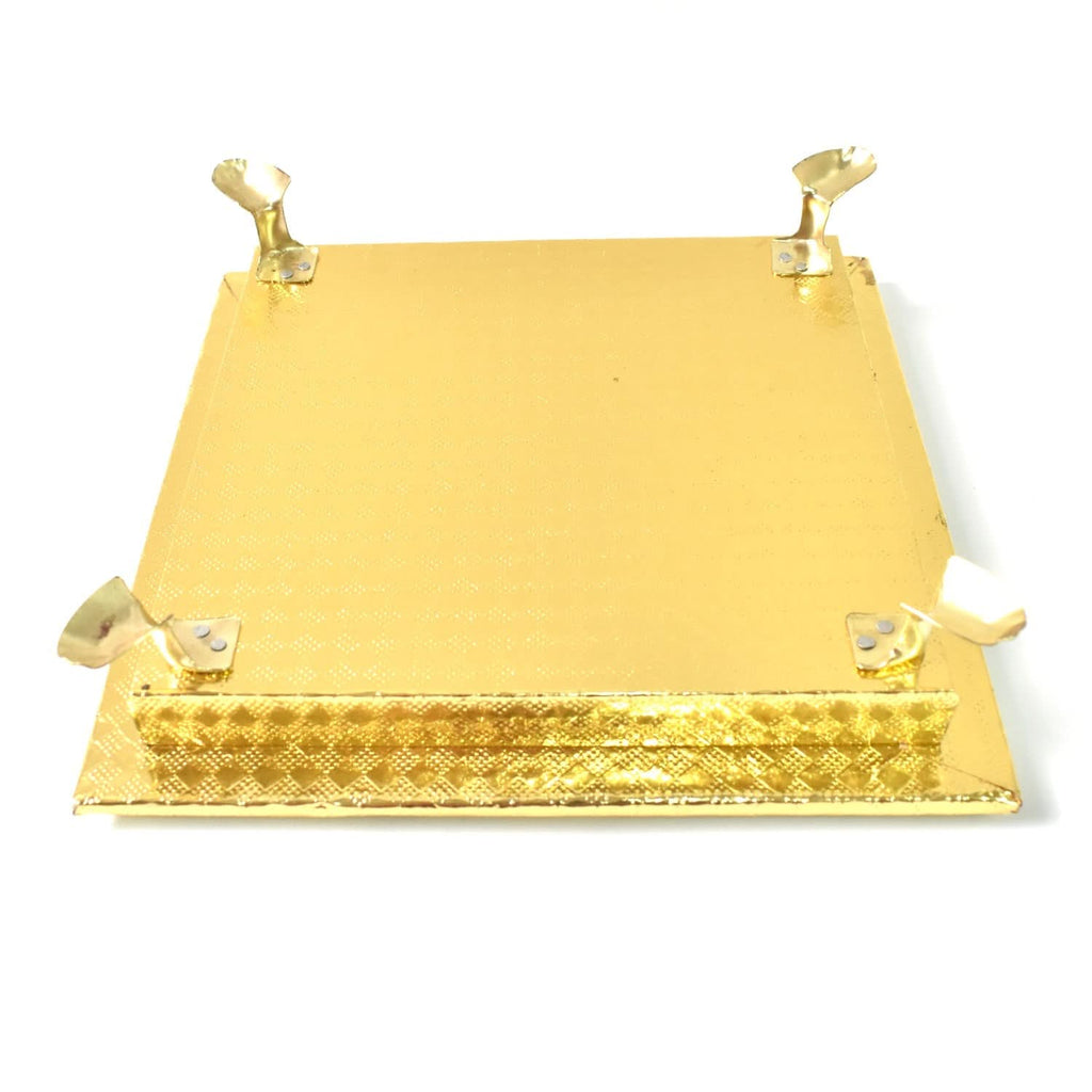 Elegant Golden Square Wooden Pooja Chowki for Temple Puja and Festival Decor