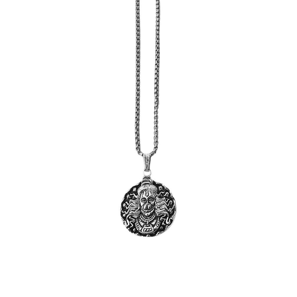 Powerful Hanuman Face Locket Chain Necklace, Silver Zinc Metal, Devotion Pendant