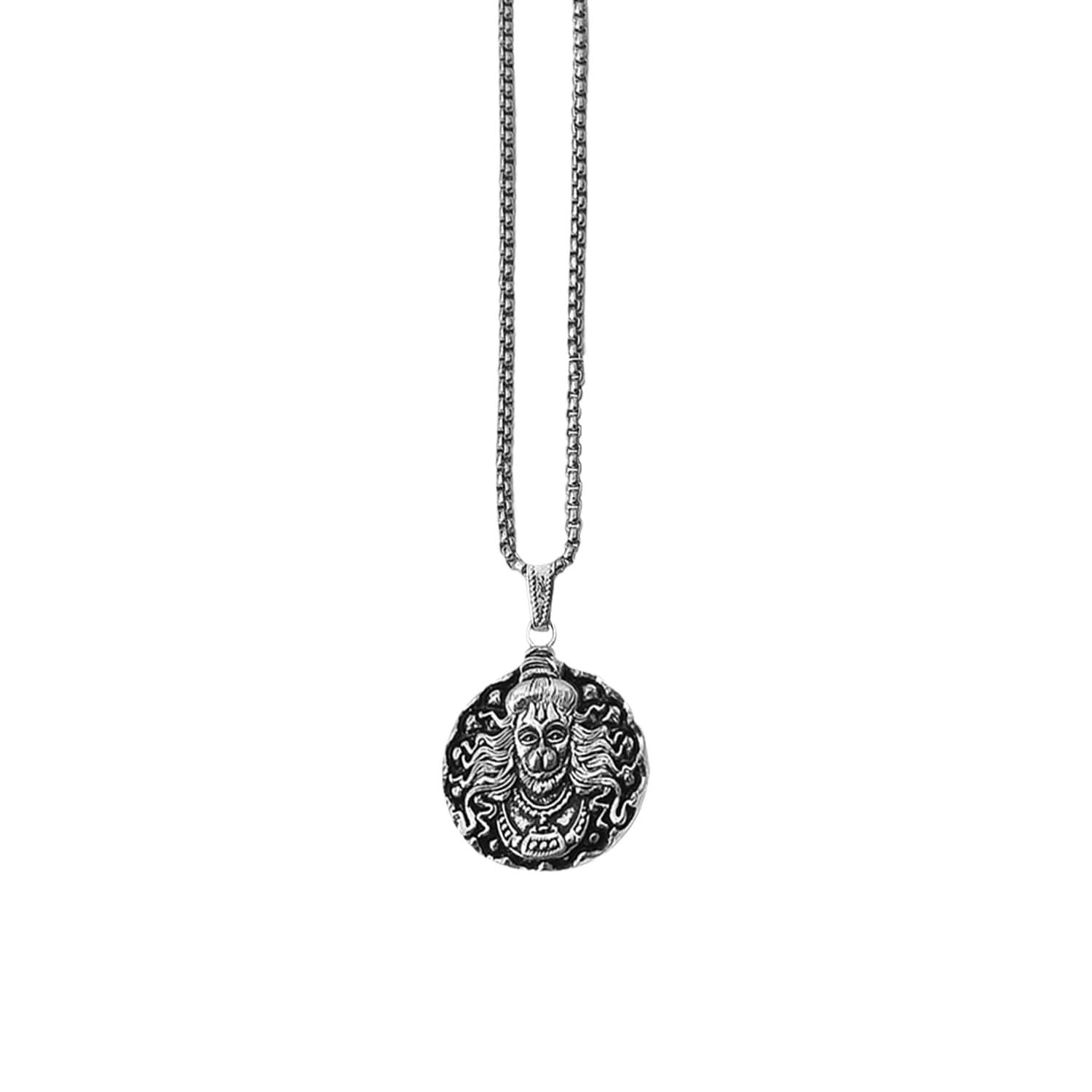Powerful Hanuman Face Locket Chain Necklace, Silver Zinc Metal, Devotion Pendant