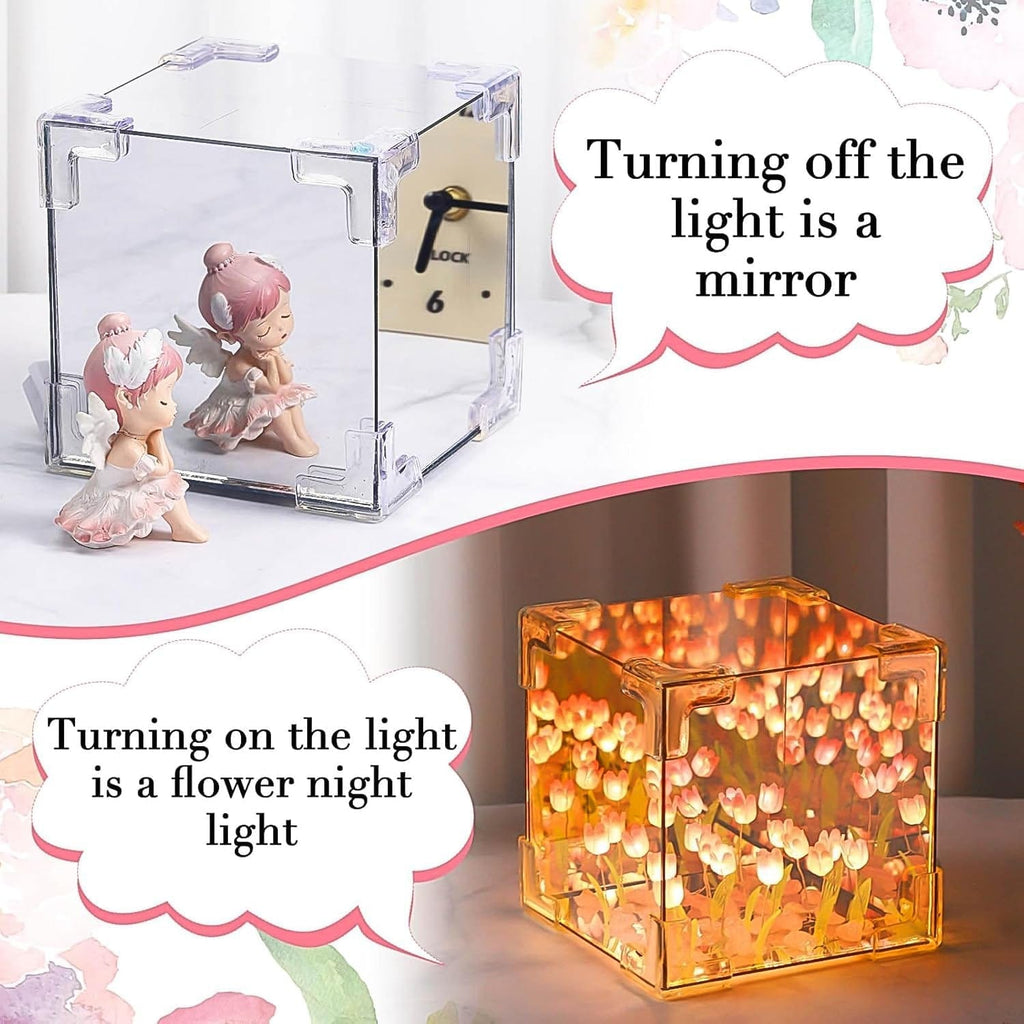 Romantic Cube Tulip LED Night Lamp: 2-in-1 Mirror Decorative Flower Light