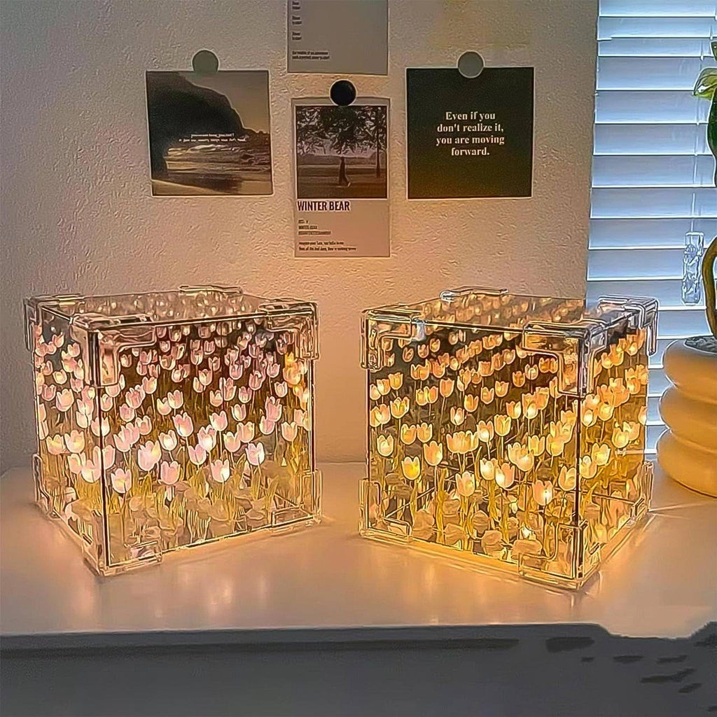 Romantic Cube Tulip LED Night Lamp: 2-in-1 Mirror Decorative Flower Light