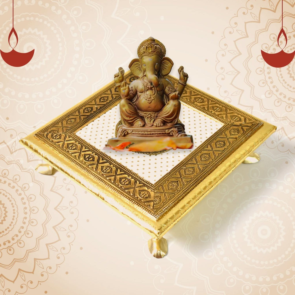 Elegant Golden Square Wooden Pooja Chowki for Temple Puja and Festival Decor