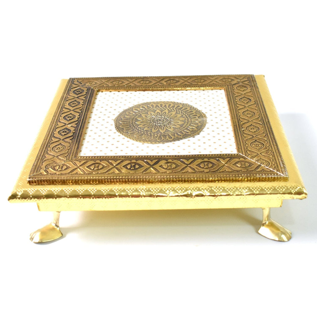 Elegant Golden Square Wooden Pooja Chowki for Temple Puja and Festival Decor
