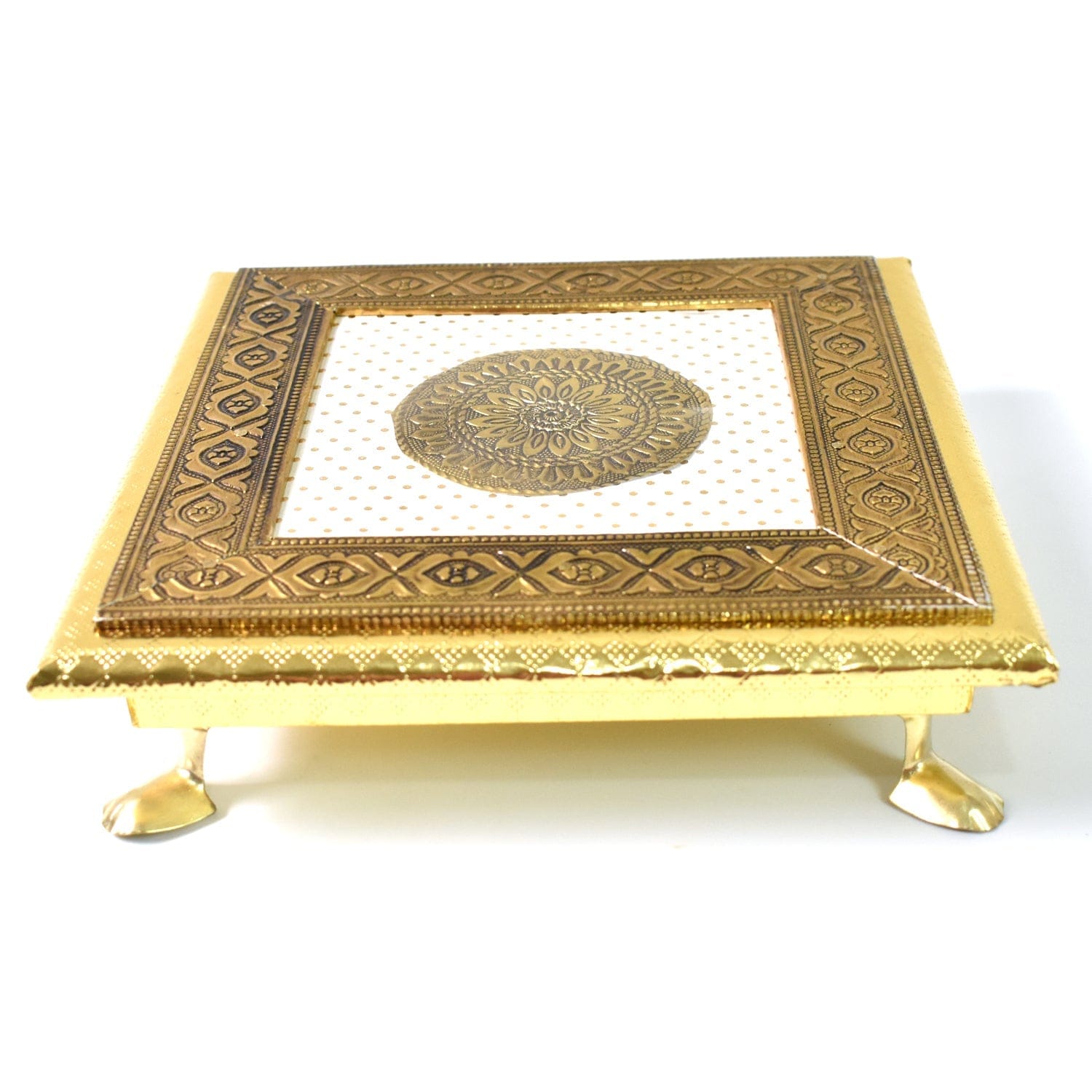 Elegant Golden Square Wooden Pooja Chowki for Temple Puja and Festival Decor