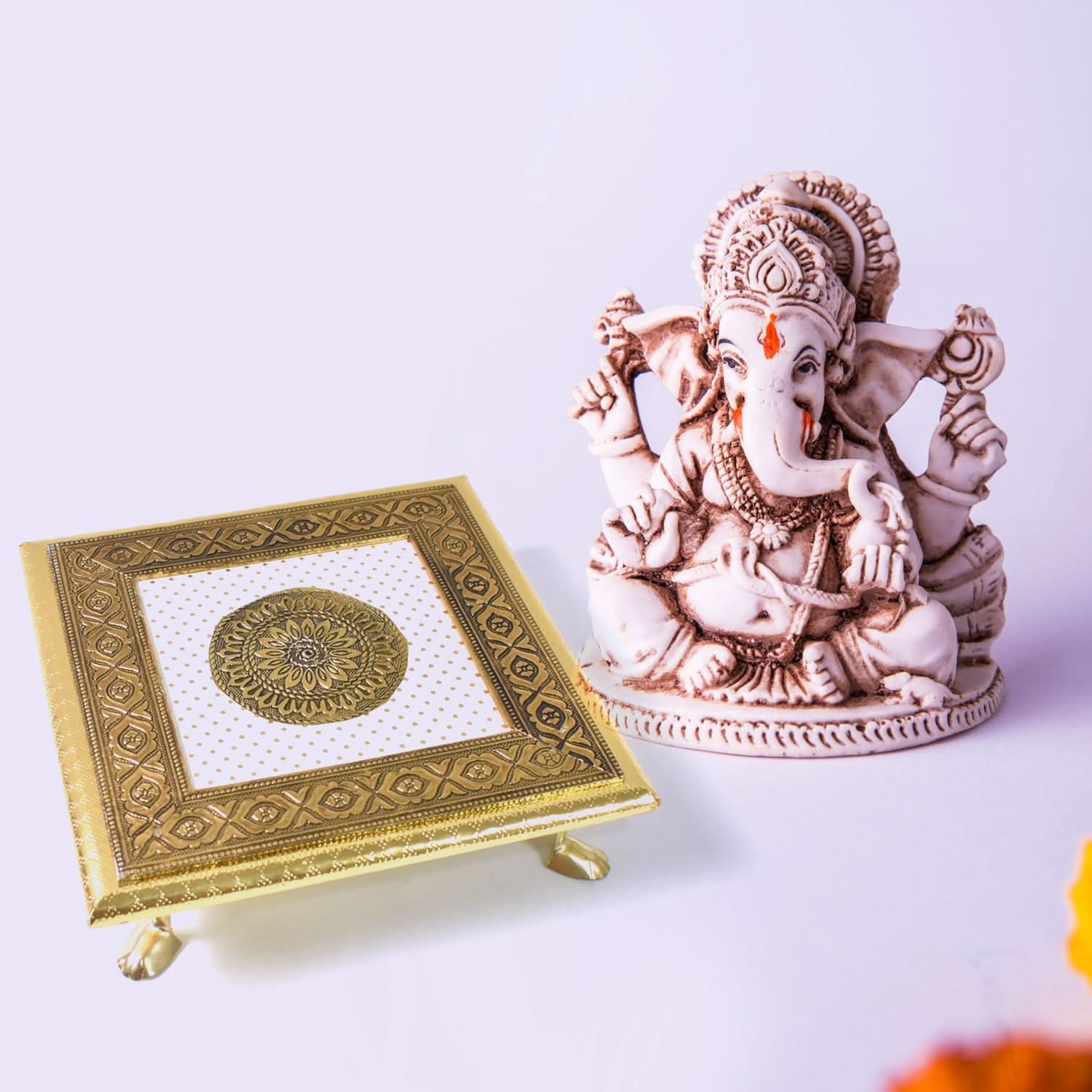 Elegant Golden Square Wooden Pooja Chowki for Temple Puja and Festival Decor