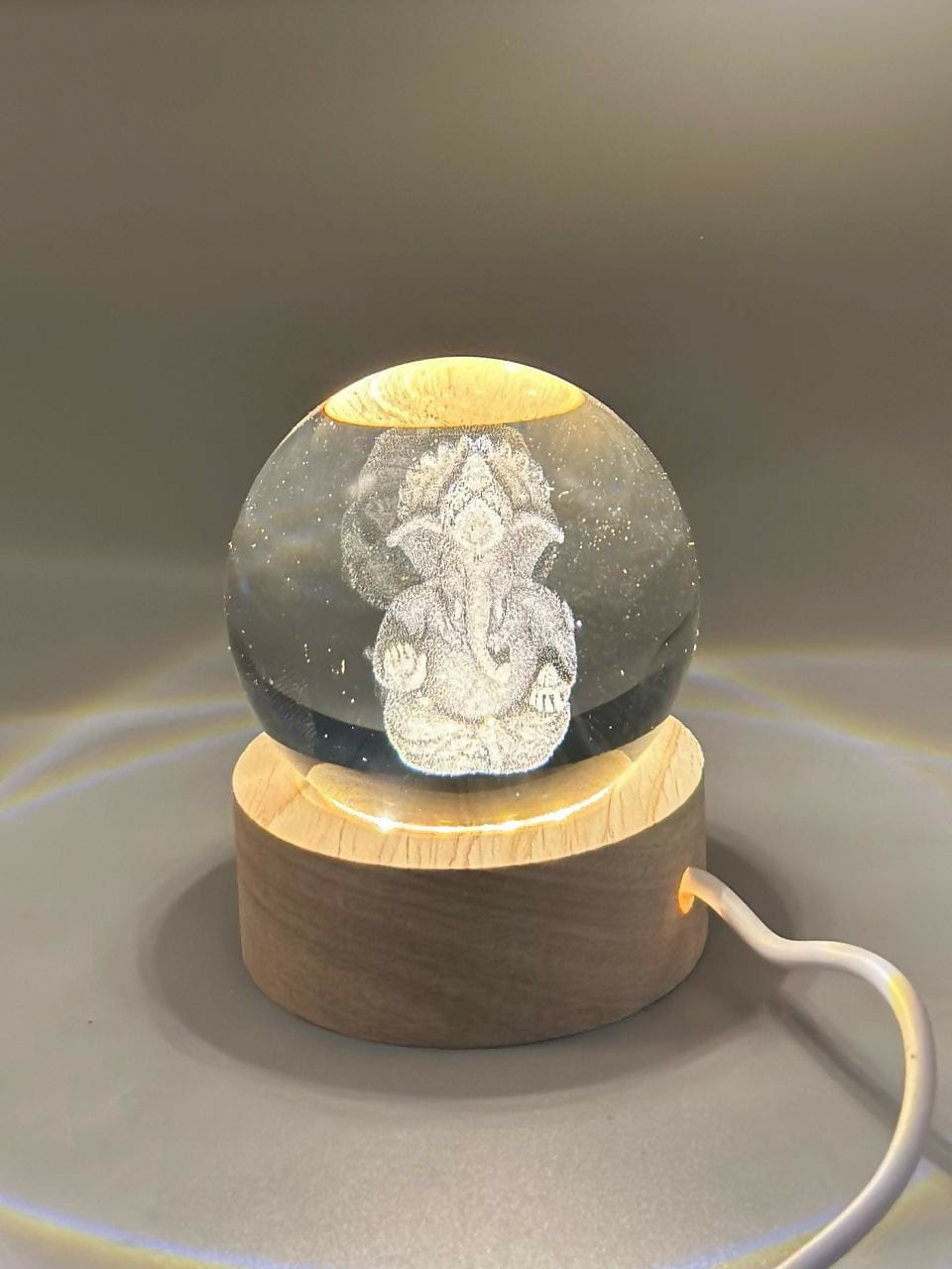 Divine 3D Crystal Ganesha LED Night Lamp with USB Wooden Base