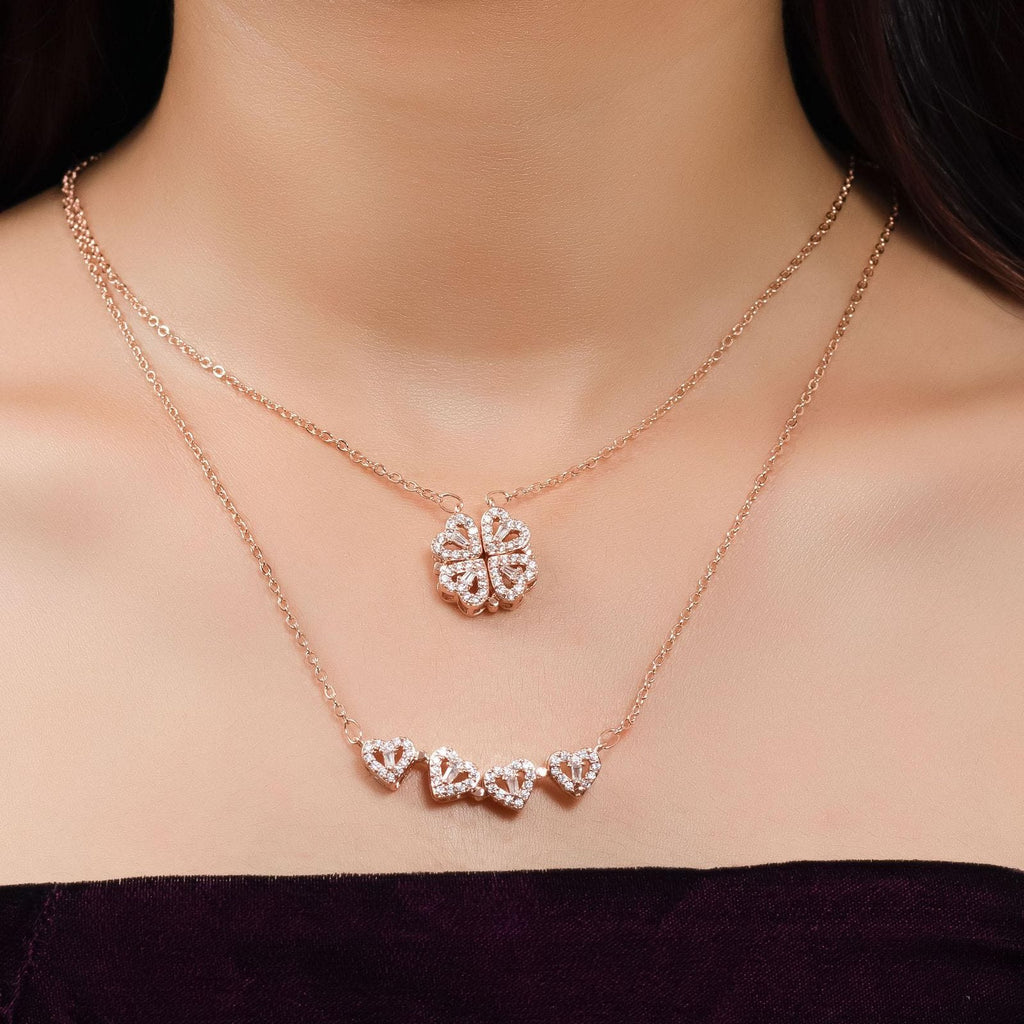 Elegant Rose Gold Plated Four Heart Cubic Zirconia Pendant Necklace