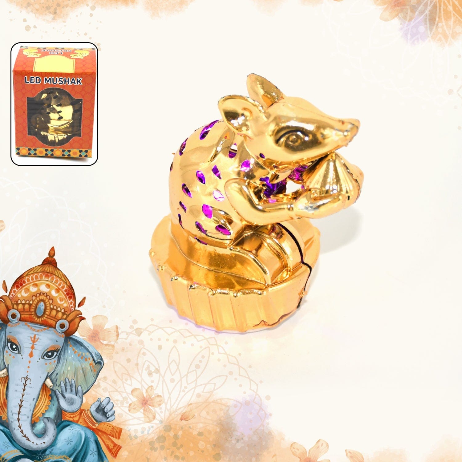 Golden LED Mushak Ganesh Vahana Light - Multicolored Flickering Home Decor