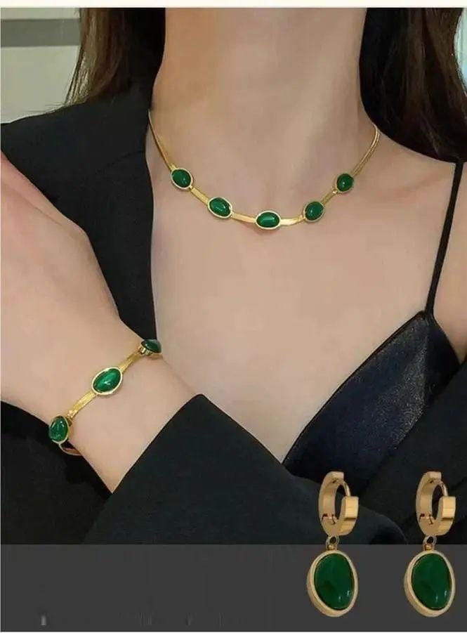 Elegant Green Crystal Pendant Necklace Earrings Bracelet Set for Women