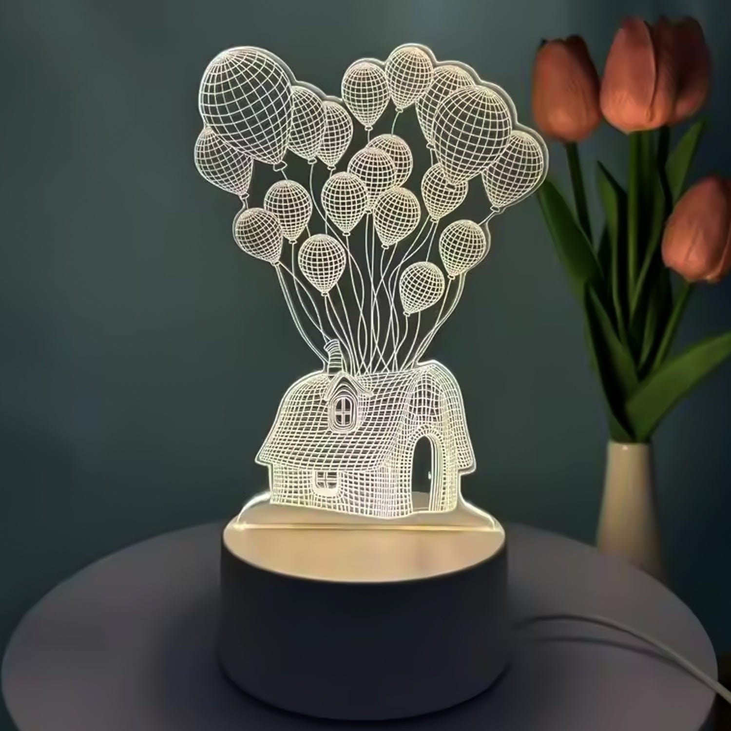 Magical 3D Illusion LED Night Lamp: House Balloons Design, USB Powered Decor