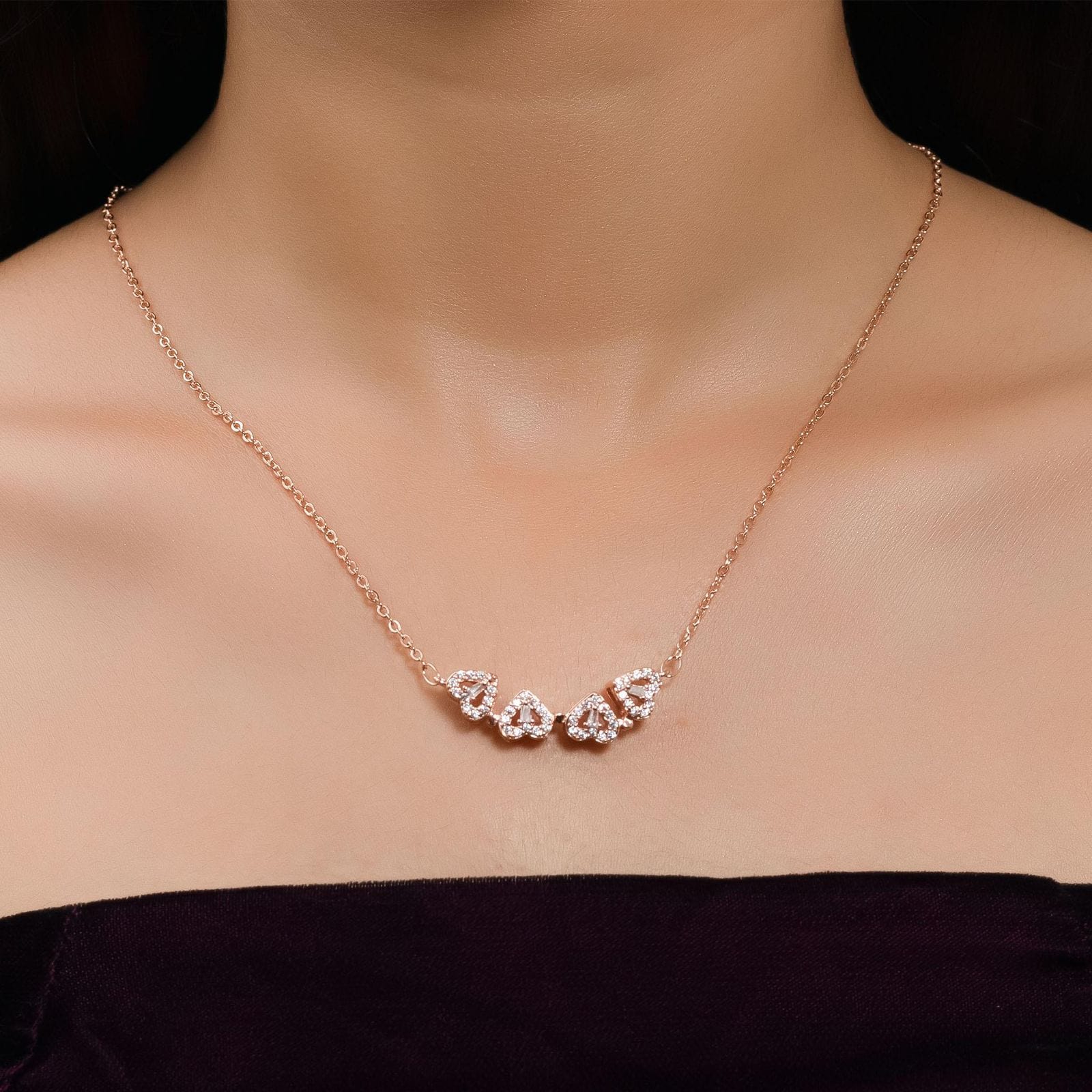 Elegant Rose Gold Plated Four Heart Cubic Zirconia Pendant Necklace