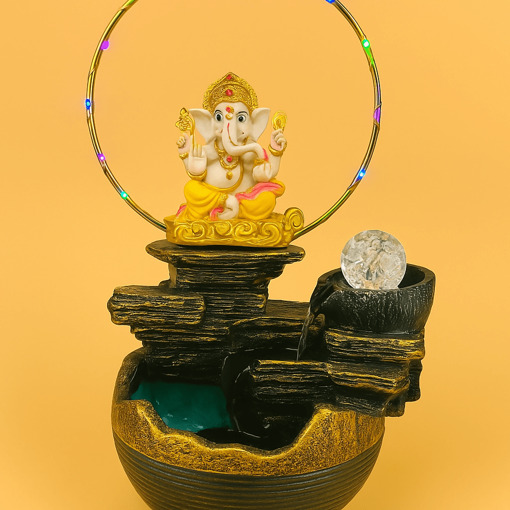 Divine Ganesh LED Water Fountain: Crystal Ball, LED Glow, Home Office Decor