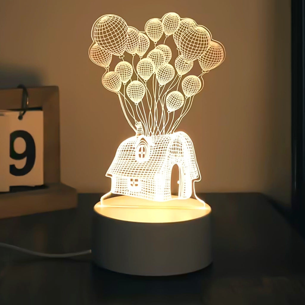 Magical 3D Illusion LED Night Lamp: House Balloons Design, USB Powered Decor