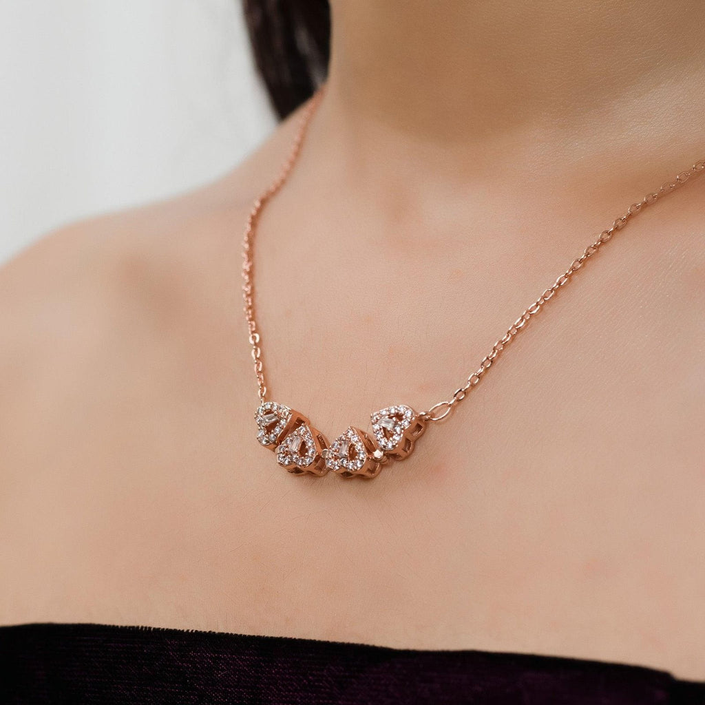 Elegant Rose Gold Plated Four Heart Cubic Zirconia Pendant Necklace