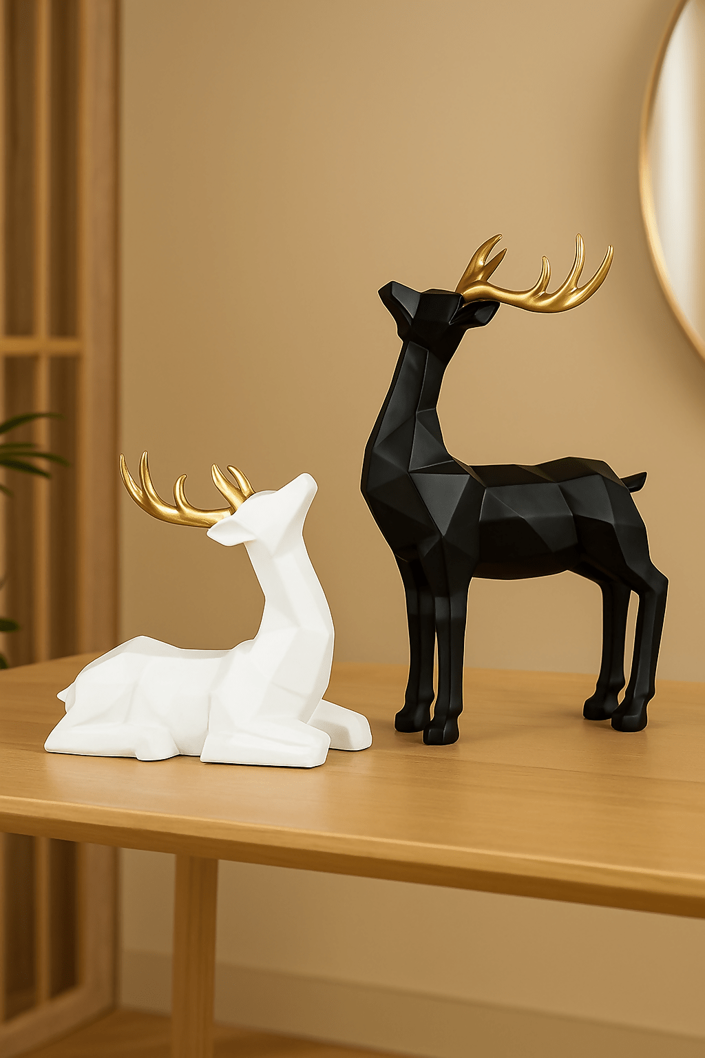 Elegant Black & White Geometric Deer Couple Resin Figurines with Golden Antlers