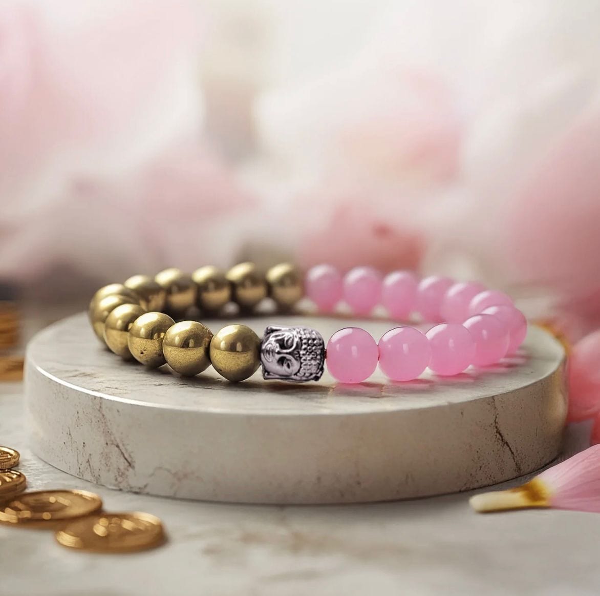 Powerful Money Love Attractor Rakhi Bracelet - Rose Quartz Golden Pyrite Combo