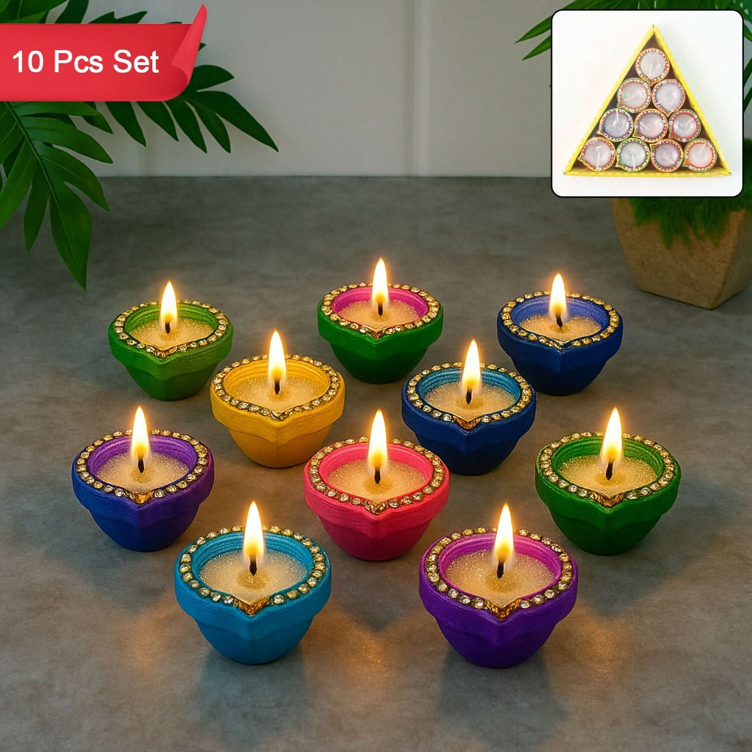 Vibrant Handcrafted Clay Diya Set 10: Glitter Stone Oil Lamps for Diwali