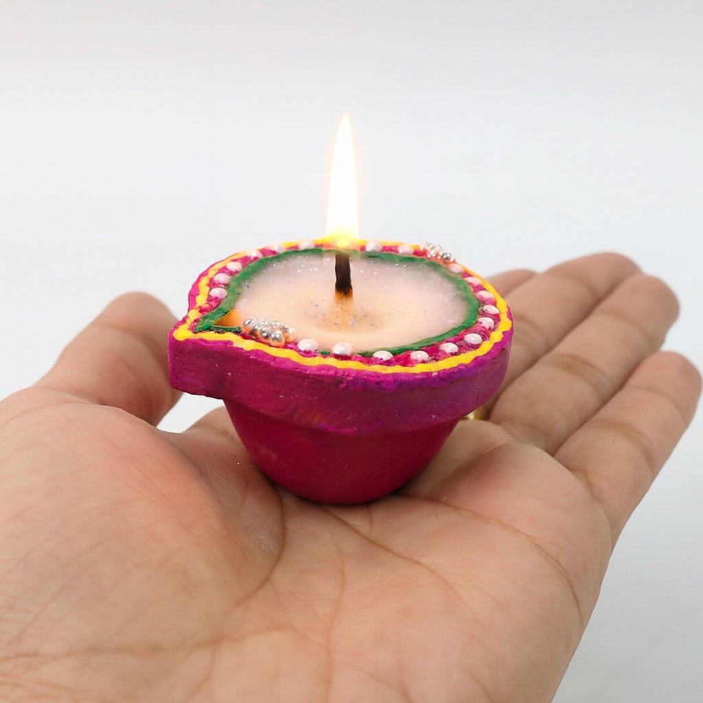 Vibrant Handcrafted Clay Diya Set 10: Glitter Stone Oil Lamps for Diwali