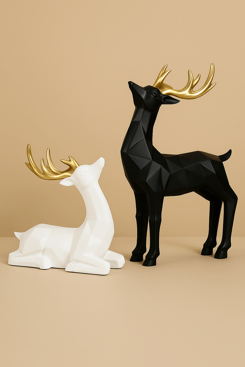 Elegant Black & White Geometric Deer Couple Resin Figurines with Golden Antlers