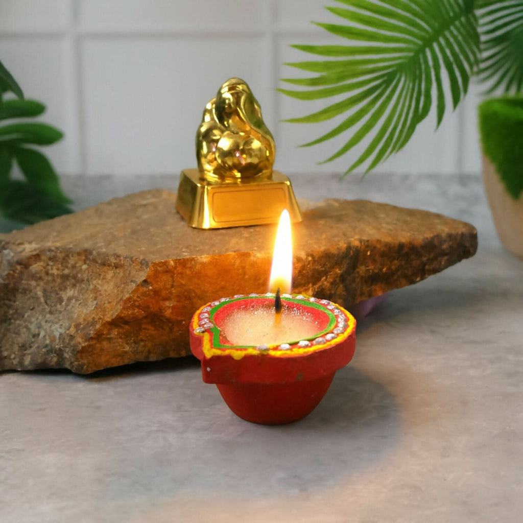 Vibrant Handcrafted Clay Diya Set 10: Glitter Stone Oil Lamps for Diwali