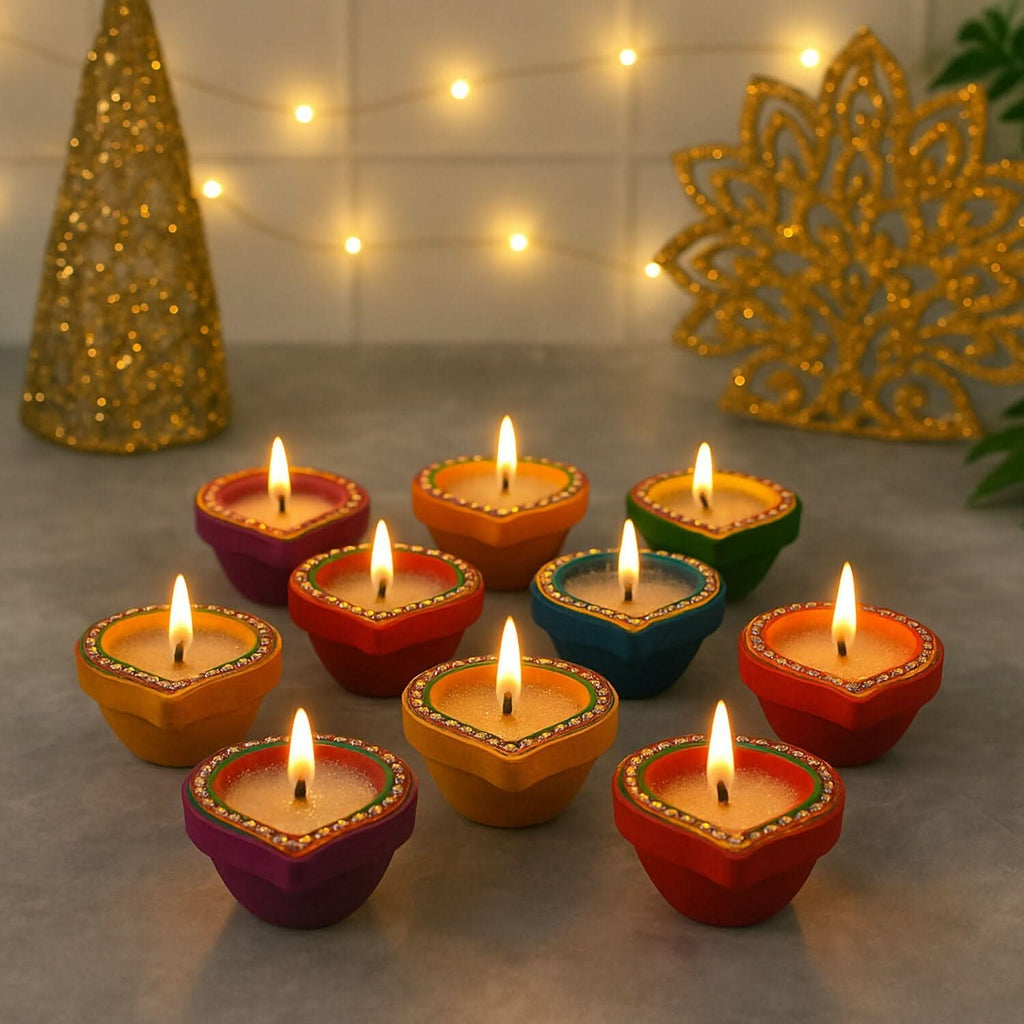 Vibrant Handcrafted Clay Diya Set 10: Glitter Stone Oil Lamps for Diwali