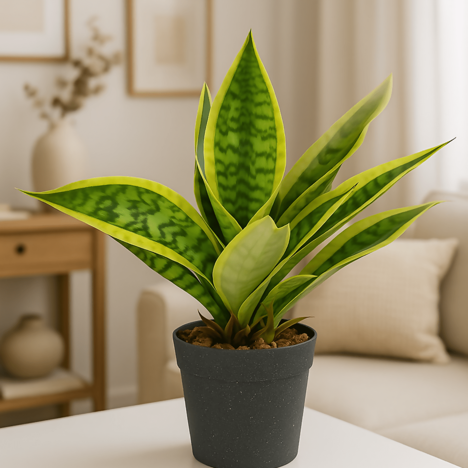 Realistic Faux Snake Plant in Black Pot, Sansevieria Indoor Home Decor