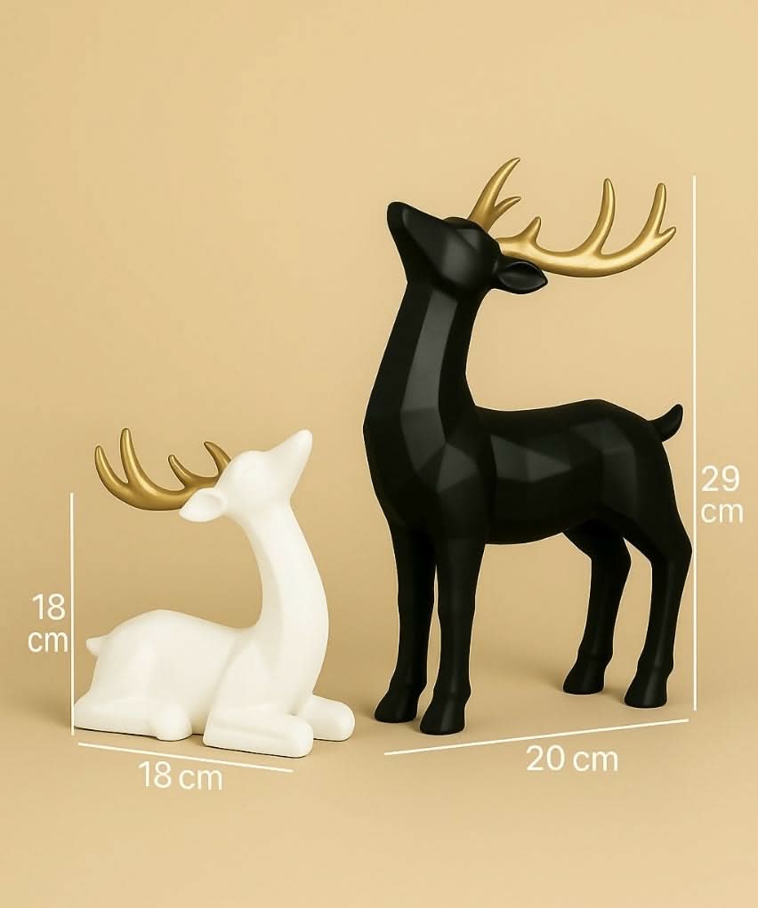 Elegant Black & White Geometric Deer Couple Resin Figurines with Golden Antlers