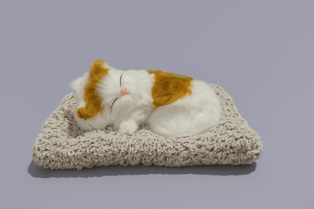 Realistic Plush Sleeping Cat Figurine: White/Orange Faux Kitten with Fluffy Bed