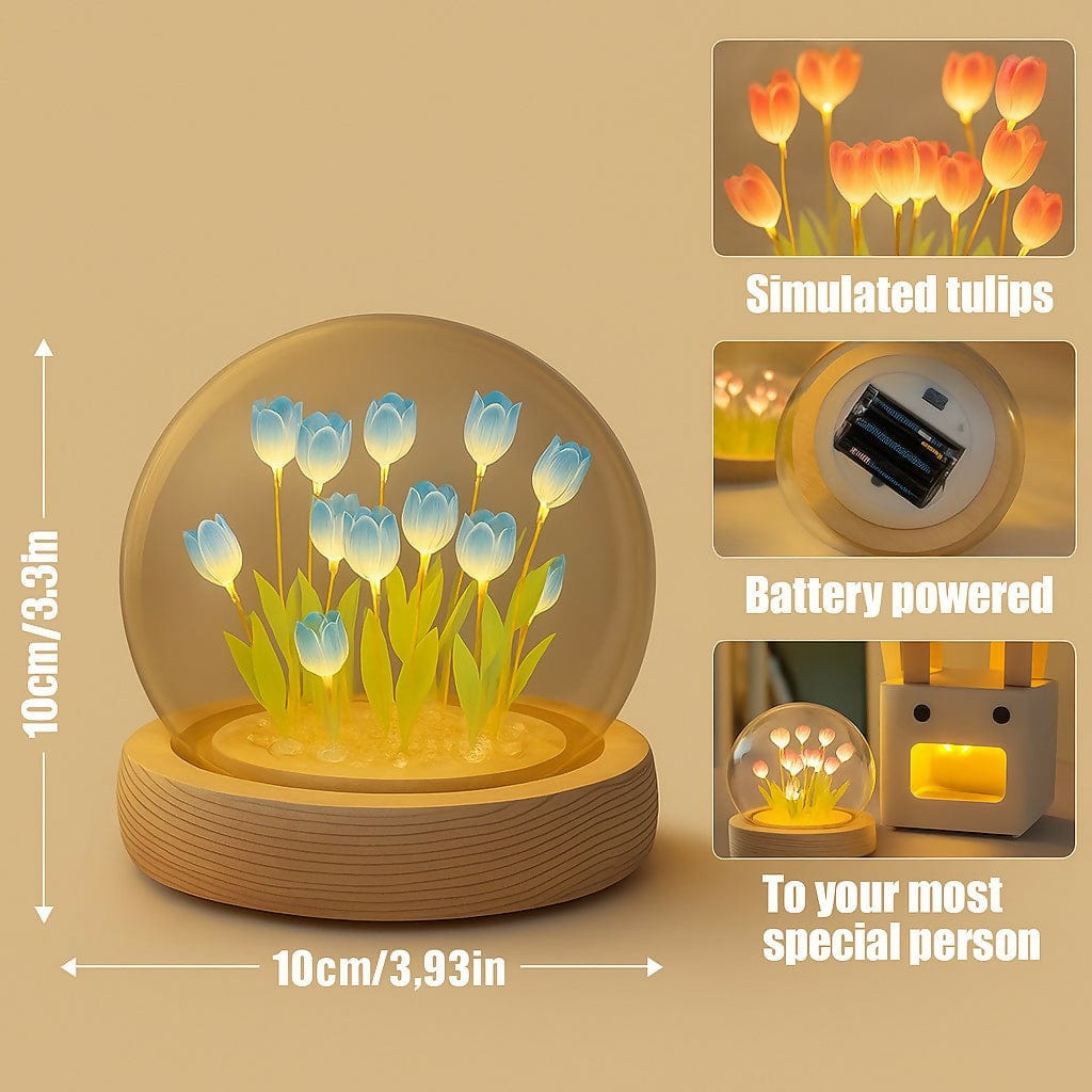 Charming Blue LED Tulip Flower Light Dome with Elegant Wooden Base
