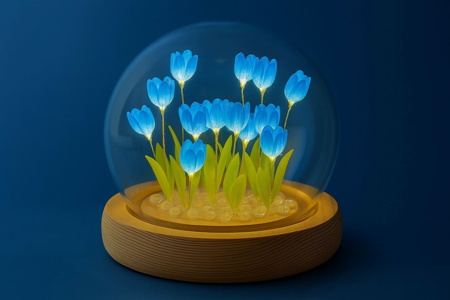 Charming Blue LED Tulip Flower Light Dome with Elegant Wooden Base
