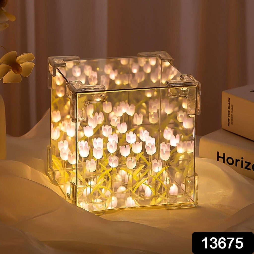 Romantic Cube Tulip LED Night Lamp: 2-in-1 Mirror Decorative Flower Light