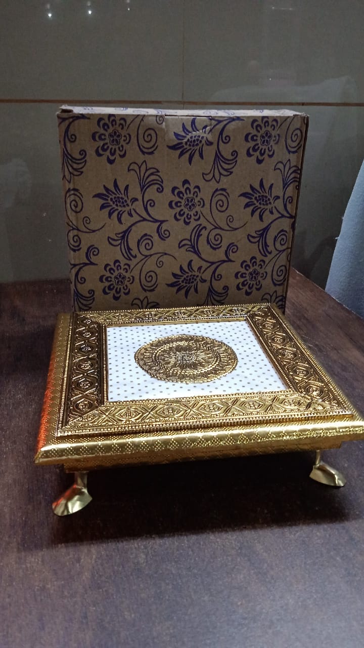 Elegant Golden Square Wooden Pooja Chowki for Temple Puja and Festival Decor