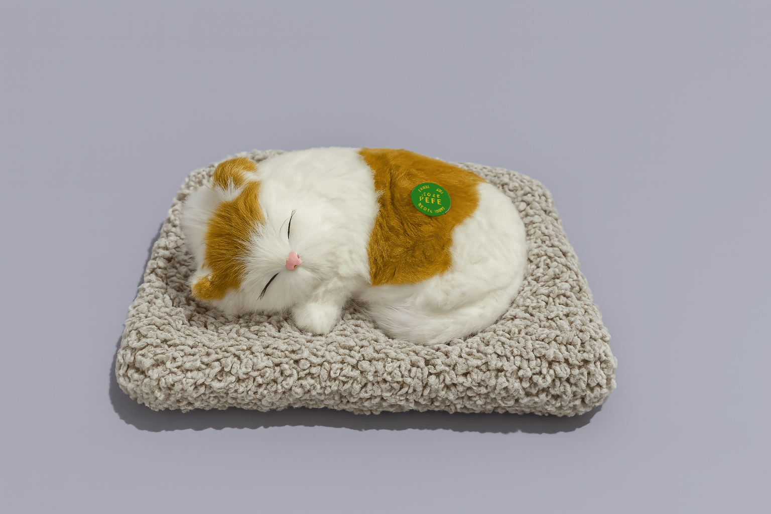 Realistic Plush Sleeping Cat Figurine: White/Orange Faux Kitten with Fluffy Bed