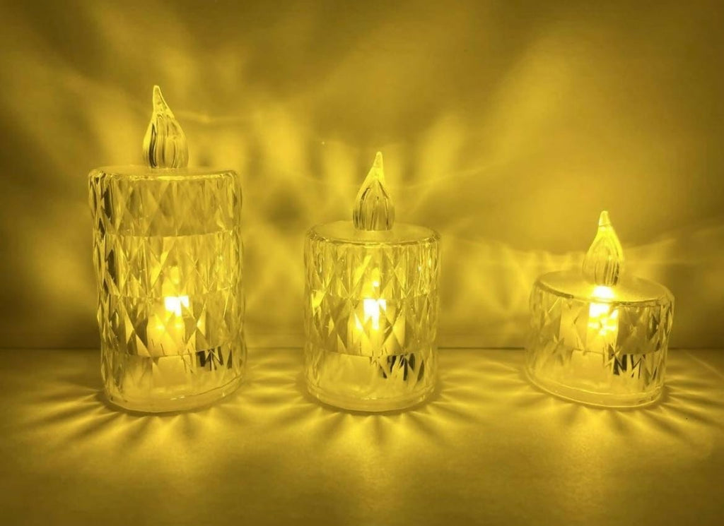 Crystal Glow Trio Set of 3 Flameless LED Candles for Home Decor Diwali