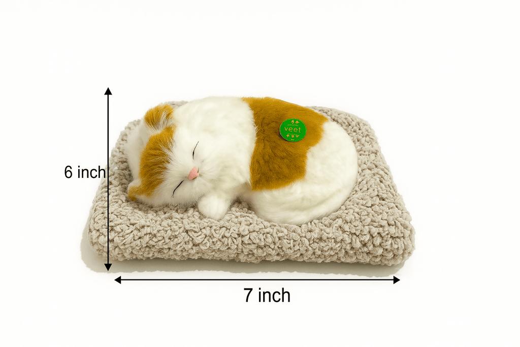 Realistic Plush Sleeping Cat Figurine: White/Orange Faux Kitten with Fluffy Bed