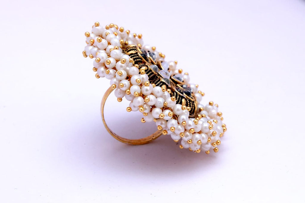 Elegant White Guchha Ring Garnet Gemstone Gold Plated Alloy Statement Jewelry