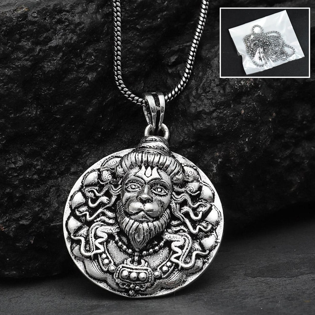 Powerful Hanuman Face Locket Chain Necklace, Silver Zinc Metal, Devotion Pendant