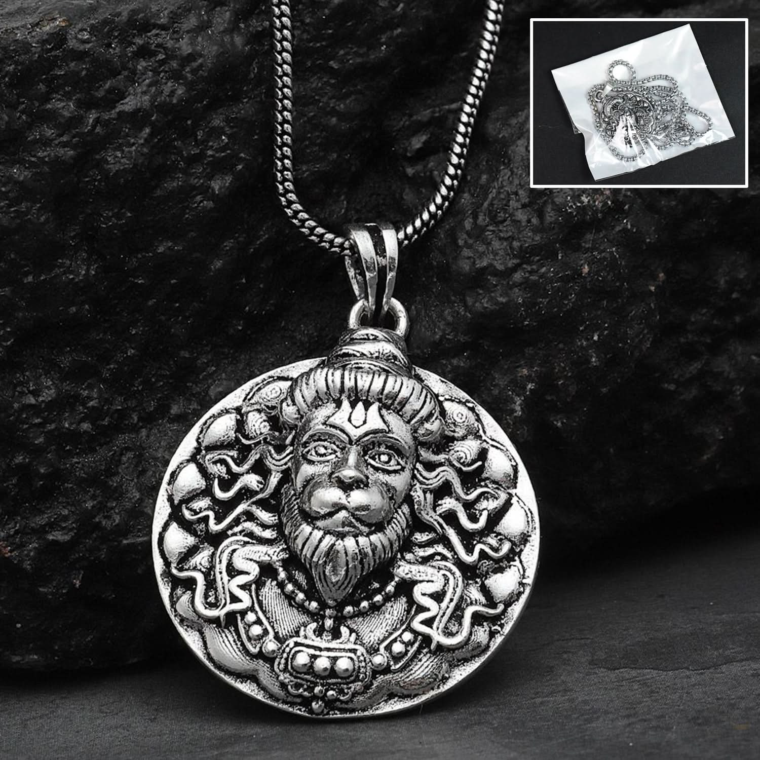 Powerful Hanuman Face Locket Chain Necklace, Silver Zinc Metal, Devotion Pendant