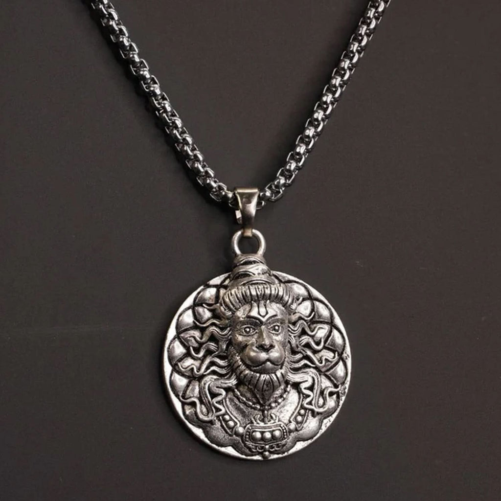 Powerful Hanuman Face Locket Chain Necklace, Silver Zinc Metal, Devotion Pendant