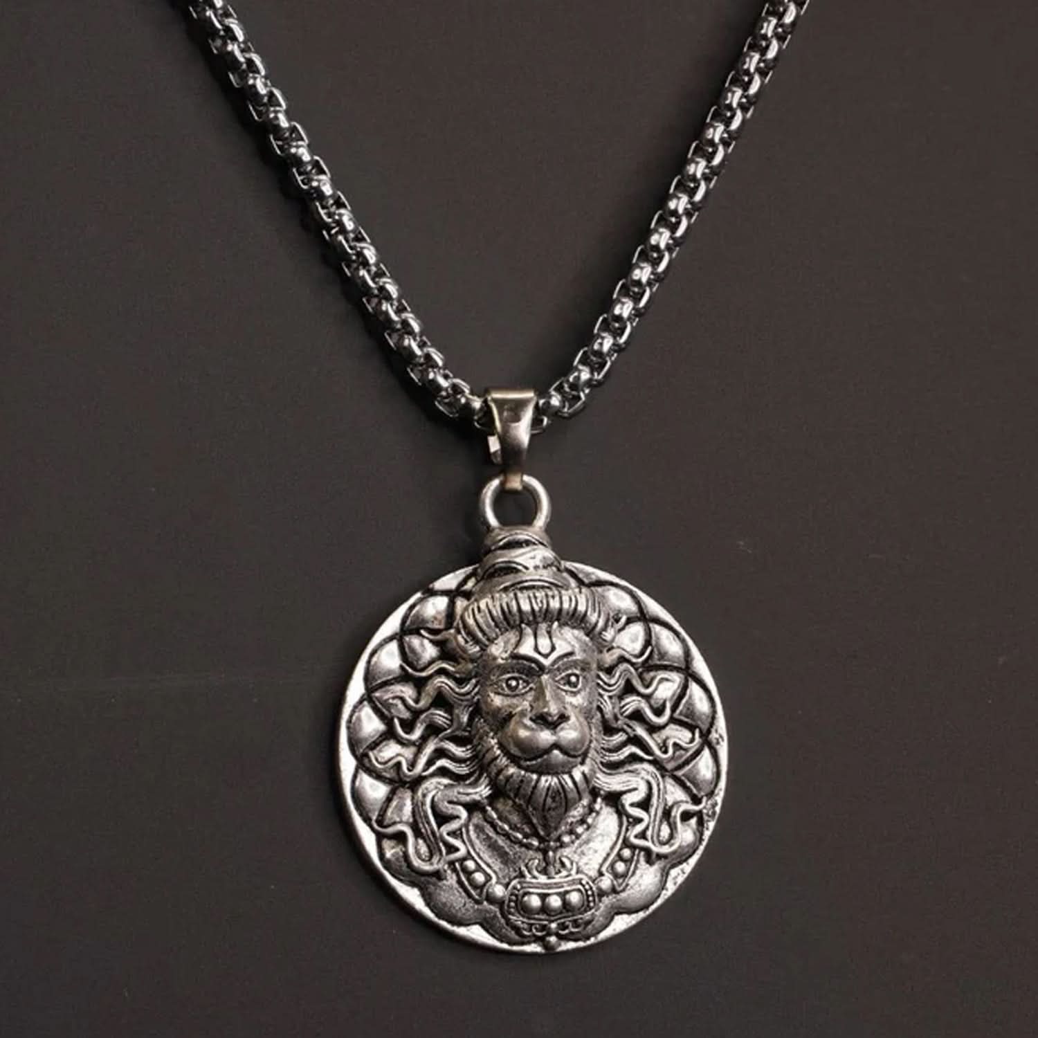 Powerful Hanuman Face Locket Chain Necklace, Silver Zinc Metal, Devotion Pendant