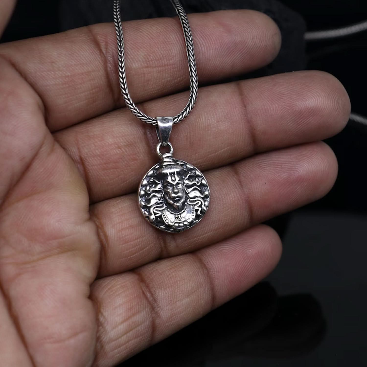 Powerful Hanuman Face Locket Chain Necklace, Silver Zinc Metal, Devotion Pendant