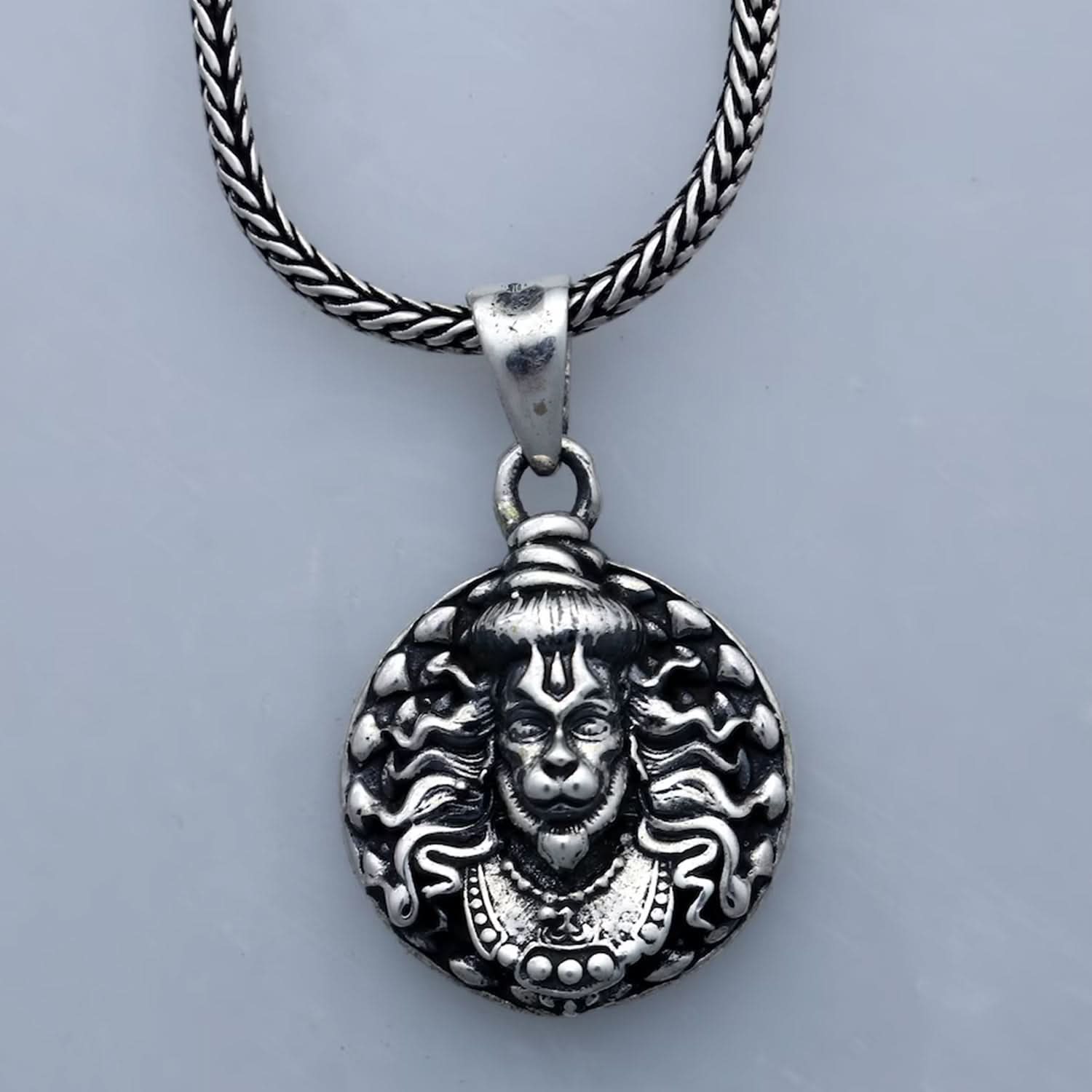 Powerful Hanuman Face Locket Chain Necklace, Silver Zinc Metal, Devotion Pendant