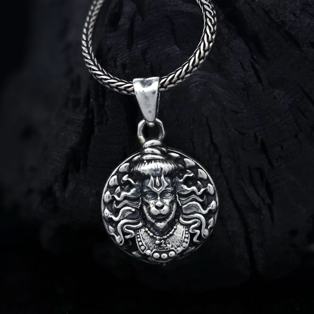 Powerful Hanuman Face Locket Chain Necklace, Silver Zinc Metal, Devotion Pendant