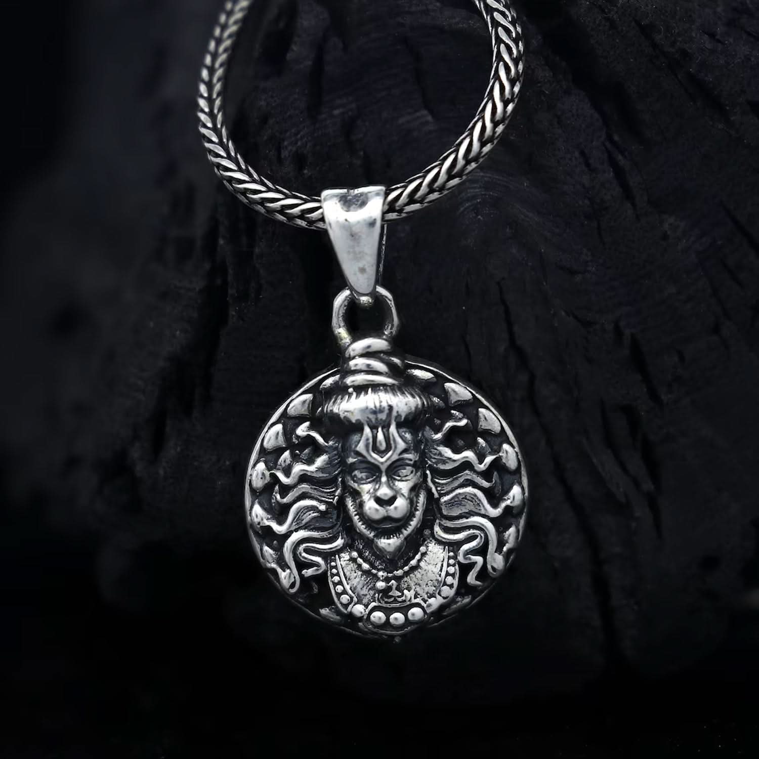 Powerful Hanuman Face Locket Chain Necklace, Silver Zinc Metal, Devotion Pendant