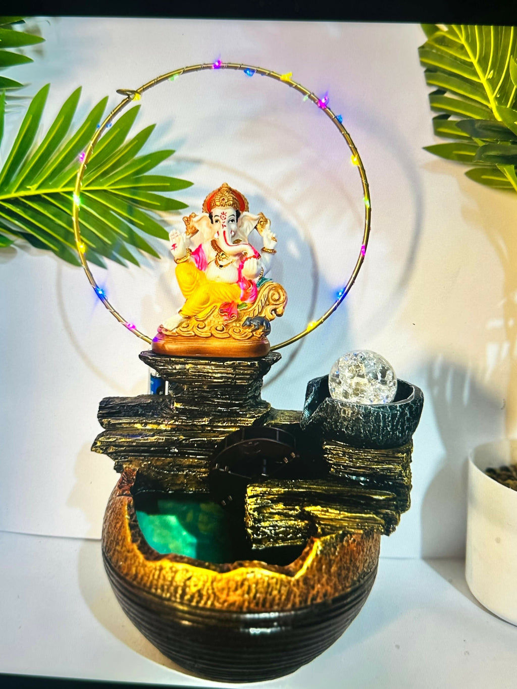 Divine Ganesh LED Water Fountain: Crystal Ball, LED Glow, Home Office Decor