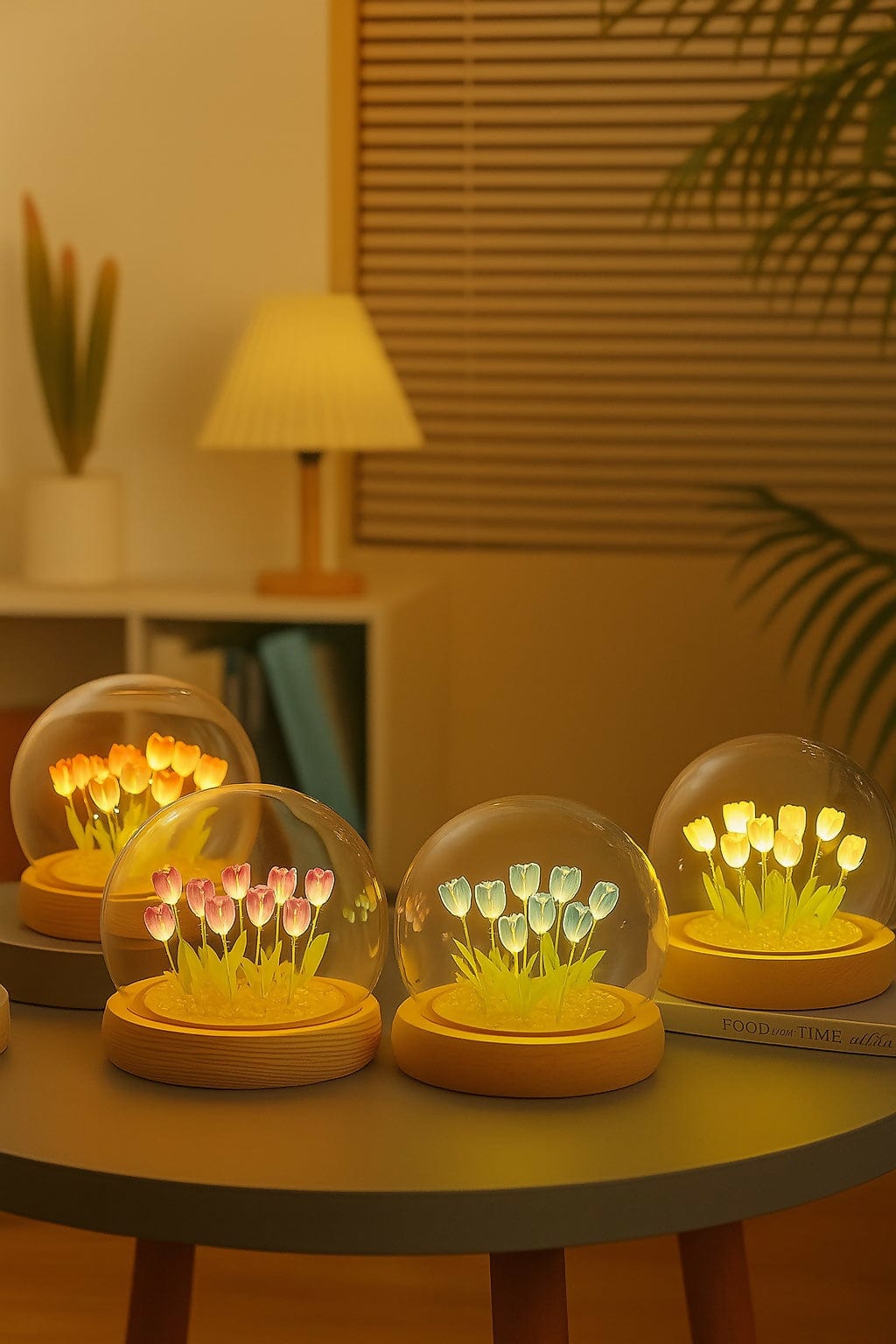 Charming Blue LED Tulip Flower Light Dome with Elegant Wooden Base