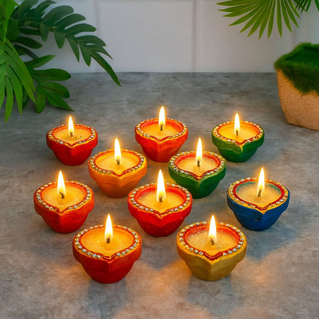 Vibrant Handcrafted Clay Diya Set 10: Glitter Stone Oil Lamps for Diwali